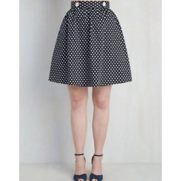 Modcloth Navy Polka Dot A-Line Knit Skirt Nautical Flirty Girly Date Night M - Picture 2 of 16